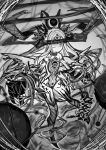  1girl absurdres bare_shoulders bracelet claws closed_mouth covered_navel floating greyscale halo highres horns izayoi_cha jewelry long_hair looking_at_viewer monochrome one_eye_closed original sketch solo spikes teeth third_eye torn torn_wings wings 