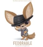  2020 ambiguous_gender anthro black_eyes bottomless canid canine clothed clothing cryptid-creations english_text featureless_crotch fedora fennec fox fur hat headgear headwear humor looking_at_viewer mammal pun shirt simple_background smile solo tan_body tan_fur text topwear url visual_pun white_background 