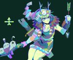  1girl arrow_(projectile) artemis_(hades) bangs bird black_background denaseey feet_out_of_frame fur_trim green_skin hades_(game) highres holding holding_arrow horns long_hair ponytail simple_background solo 