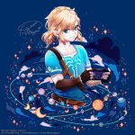  1boy artist_name belt blonde_hair blue_eyes blue_shirt cloud constellation crescent_moon dated earrings fingerless_gloves gloves handheld_game_console holding holding_handheld_game_console jewelry link long_sleeves meyoco_(style) moon nintendo_switch planet planetary_ring pointy_ears rock shirt short_over_long_sleeves short_sleeves solo sparkle the_legend_of_zelda the_legend_of_zelda:_breath_of_the_wild touminnn upper_body 