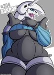  2020 aggron anthro big_breasts blue_eyes breasts chubby_female clothing female grey_body hi_res horn nintendo open_mouth pok&eacute;mon pok&eacute;mon_(species) shoulderless_topwear signature sketchybug solo sweater text thick_thighs topwear url video_games 