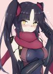  1girl alternate_hairstyle arm_under_breasts black_hair blush fate/grand_order fate_(series) hand_in_hair highres katou_danzou_(fate/grand_order) mechanical_arm moyashi_(pixiv44153669) ninja scarf solo twintails_day yellow_eyes 