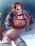  2018 3:4 blue_eyes brown_body brown_fur brown_hair canid canine canis choker clothing costume domestic_dog female fur hair hi_res human human_focus human_only jewelry mammal necklace not_furry not_furry_wearing_fursuit snow solo space_marine tattoo themaestronoob viking warhammer_(franchise) warhammer_40000 
