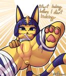  absurd_res animal_crossing ankha_(animal_crossing) anthro anus bandage blue_hair breasts dialogue domestic_cat domination egyptian felid feline felis female female_domination fur genitals hair hi_res mammal nintendo nipples open_mouth paws pussy simple_background solo uraeus veterowo video_games yellow_body 