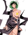  1girl alternate_breast_size alternate_height bare_shoulders black_dress breasts breasts_apart covered_navel cowboy_shot davecavedraws dress flipped_hair floating green_eyes green_hair highres large_breasts looking_at_viewer one-punch_man pasties scar scar_on_face short_hair simple_background solo tatsumaki white_background 