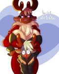  anthro antlers bell big_breasts bodily_fluids breasts capreoline cervid cleavage clothed clothing dialogue duo english_text female glowing glowing_eyes hi_res horn huge_breasts male mammal red_nose reindeer rudolph_the_red_nosed_reindeer solratic sweat text vixen_(reindeer) wide_hips worried 