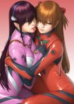  2girls bangs blue_eyes blue_hairband bodysuit breasts brown_hair closed_eyes eyebrows_behind_hair gradient gradient_background hair_behind_ear hairband hug interface_headset long_hair looking_at_viewer looking_up makinami_mari_illustrious medium_breasts multiple_girls neon_genesis_evangelion pilot_suit plugsuit purple_hair rebuild_of_evangelion sitting skin_tight souryuu_asuka_langley tongue tongue_out twintails two_side_up watanabe_yasuaki 