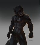  abs anthro balls belt black_body black_fur black_hair black_penis canid canine canis erection fangs fist fur genitals hair hi_res humanoid_genitalia humanoid_penis jewelry looking_at_viewer male mammal messy_hair muscular muscular_anthro muscular_male necklace nude penis sharp_teeth solo standing tattoo teeth teragabba wolf yellow_eyes 