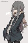  1girl absurdres bangs blunt_bangs breath cardigan eyebrows_visible_through_hair grey_eyes hands_in_pockets hatohouseplc highres long_hair necktie original pantyhose pleated_skirt scarf school_uniform signature simple_background skirt solo sweater_vest 