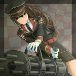  1girl barsal belt black_headwear black_neckwear brown_hair gatling_gun glasses gloves gold_trim gun hat holding holding_gun holding_weapon long_hair long_sleeves minigun solo standing tenkuu_no_craft_fleet uniform weapon white_gloves yellow_eyes 