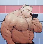  absurd_res anthro blue_eyes body_hair cellphone chest_hair clothed clothing ear_piercing ear_ring episode0006 fur hi_res holding_cellphone holding_object holding_phone looking_at_cellphone looking_at_object looking_at_phone male mammal musclegut muscular muscular_anthro muscular_male nipples pecs phone piercing selfie solo tile_wall topless ursid white_body white_fur 