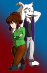  aged_up alternate_hairstyle anthro asriel_dreemurr boots bottomwear bovid brown_hair caprine chara_(undertale) clothing duo footwear fur goat hair hi_res horn human jacket male male/male mammal mildred_(artist) pants purple_clothing purple_jacket purple_topwear red_eyes sweater topwear undertale video_games 