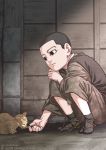  1boy animal black_eyes black_hair black_legwear brown_cat brown_fur brown_kimono buzz_cut cat decoy00xx expressionless feeding full_body golden_kamuy japanese_clothes kimono male_focus ogata_hyakunosuke sandals short_hair solo squatting very_short_hair younger 