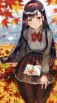  1girl autumn autumn_leaves bangs black_hair black_legwear blurry blush book bow bowtie breasts checkered checkered_skirt commentary earrings eyebrows_visible_through_hair headband highres jewelry leaf long_hair long_sleeves looking_at_viewer maple_leaf medium_breasts niwata0 open_book original pantyhose parted_lips red_eyes red_footwear red_headband red_neckwear seiza shirt sitting skirt solo strap_slip uniform 