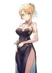  1girl aer7o armlet atelier_(series) atelier_ryza black_dress blonde_hair breasts choker cleavage closed_mouth dress eyebrows_visible_through_hair hair_bun highres klaudia_valentz large_breasts martini short_ponytail side_slit simple_background single_sidelock smile solo standing white_background 