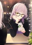  1girl black-framed_eyewear black_shirt blush closed_mouth coffee cup glasses hair_ornament hand_on_own_cheek hand_on_own_face highres holding holding_cup indoors long_sleeves medium_hair original pink_hair reflection sasahara_wakaba shirt solo window yellow_eyes 