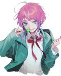  1boy ahoge amemura_ramuda bangs blue_eyes candy cropped_torso food green_jacket grin highres holding holding_candy holding_food holding_lollipop hood hood_down hooded_jacket hypnosis_mic jacket lollipop long_sleeves looking_at_viewer male_focus neck_ribbon ohisashiburi open_clothes open_jacket pink_hair red_ribbon ribbon shirt short_hair simple_background smile solo white_background white_shirt 