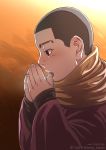  1boy black_eyes black_hair blush buzz_cut decoy00xx from_side golden_kamuy hands_together long_sleeves male_focus ogata_hyakunosuke open_mouth scarf short_hair solo upper_body very_short_hair wide_sleeves yellow_scarf younger 