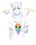  2017 anthro blue_eyes claws clothing cyrillic_text domestic_cat felid feline felis fumiko fur great_troubles grey_body grey_fur grey_spots hair hazukashii_team hi_res humor looking_at_viewer male mammal pink_nose pun rainbow russian_text seth_(fumiko) shirt simple_background smiling_at_viewer solo spots stardust_kids stated_homosexuality text topwear translated video_games visual_novel visual_pun white_background white_body white_fur white_hair 