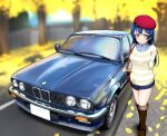  1girl autumn bangs beret blue_hair blush bmw bmw_m3 boots car commentary ground_vehicle hat highres long_hair looking_at_viewer love_live! love_live!_school_idol_project motor_vehicle smile solo sonoda_umi standing striped surv1v3-13005993 swept_bangs yellow_eyes 