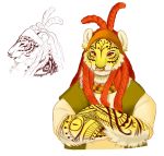  alternate_species braided_hair clothed clothing dk_west facial_piercing felid fur green_body green_fur hair male mammal markings no_straight_roads nose_piercing nose_ring orange_hair pantherine piercing red_eyes simple_background solo tiger tribal_markings white_background 