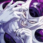  1boy angry collarbone dragon_ball dragon_ball_z dutch_angle evil_smile face fingernails frieza hands_up looking_at_viewer male_focus muscle purple_eyes purple_lips shiny smile solo teeth upper_body yagi2013 