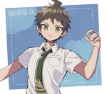  1boy ahoge bangs breast_pocket brown_eyes brown_hair closed_mouth collared_shirt copyright_name danganronpa frown green_neckwear hand_up highres hinata_hajime looking_at_viewer male_focus necktie pocket shirt short_hair short_sleeves solo super_danganronpa_2 symbol_commentary takagiri twitter_username upper_body white_shirt 