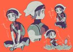  1boy beanie book bracelet brendan_(pokemon) capri_pants chibi closed_mouth gen_3_pokemon grass green_bag grey_eyes grey_hair hat holding holding_book holding_pen indian_style jewelry kneeling male_focus multiple_views orange_background oshi_taberu pants pen pokemon pokemon_(creature) pokemon_(game) pokemon_oras shoes short_sleeves sitting skitty smile sneaking sweatdrop tongue tongue_out translation_request writing 