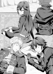  1girl 3boys ameno_(a_meno0) bare_arms chrom_(fire_emblem) fire_emblem fire_emblem_awakening gloves hair_between_eyes highres long_hair lucina_(fire_emblem) lying monochrome multiple_boys on_back robin_(fire_emblem) robin_(fire_emblem)_(male) sitting sleeping smile symbol-shaped_pupils tiara 