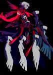  1boy antonio_salieri_(fate/grand_order) black_background black_footwear elbow_gloves fate_(series) gloves grey_hair high_heels male_focus multiple_wings o_ikw open_hand parted_lips red_eyes red_gloves red_neckwear shaded_face smile solo striped white_headwear wings 