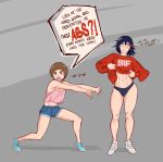  2girls abs ahoge blood blush breasts brown_eyes brown_hair commentary english_text frown highres kill_la_kill large_breasts mankanshoku_mako matoi_ryuuko multicolored_hair multiple_girls muscle muscular_female nosebleed pose sanchezisfine shirt_lift shoes shorts signature simple_background sneakers sweatdrop sweater tank_top tareme tissue two-tone_hair 