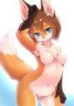  2020 5_fingers anthro black_nose blue_background blue_eyes blush breasts brown_body brown_ears brown_fur brown_hair canid canine chest_tuft claws dipstick_tail featureless_breasts featureless_crotch female fingers fluffy fluffy_tail fox fur glistening glistening_hair gloves_(marking) hair hi_res humanoid_hands inner_ear_fluff kemono looking_at_viewer mammal markings multicolored_body multicolored_fur multicolored_tail navel nude orange_body orange_fur portrait shiitakemeshi short_hair simple_background smile solo three-quarter_portrait tuft whiskers white_background white_body white_fur 
