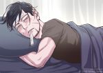  1boy alternate_hairstyle bed_sheet black_eyes black_hair black_shirt blush curtains decoy00xx facial_hair goatee golden_kamuy hair_strand looking_at_viewer male_focus messy_hair ogata_hyakunosuke pillow scar scar_on_cheek scar_on_face shirt short_hair short_sleeves sick solo stubble sweat thermometer undercut 