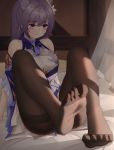  1girl arm_support ass bare_shoulders breasts brown_legwear choker curtains detached_sleeves dress feet frown genshin_impact grey_hair highres indoors keqing legs_up long_hair looking_at_viewer looking_down maemi_(maemi12) medium_breasts no_shoes on_bed pantyhose purple_eyes sitting solo thighband_pantyhose toes twintails white_dress 