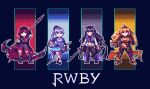  4girls ahoge black_hair blake_belladonna blonde_hair blue_eyes boots breasts cleavage commentary_request copyright_name crescent_rose ember_celica_(rwby) full_body gauntlets grey_eyes high_heels holding holding_scythe holding_sword holding_weapon large_breasts long_hair looking_at_viewer multiple_girls myrtenaster navel nijiyama pants pixel_art ponytail purple_eyes red_eyes ruby_rose rwby scythe short_hair skirt standing stomach sword thighhighs weapon weiss_schnee white_hair yang_xiao_long yellow_eyes zettai_ryouiki 