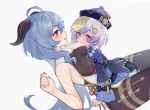  2girls age_difference ahoge bare_shoulders bead_necklace beads blue_eyes blush bodysuit breast_feeding breasts covered_nipples dianche_miao_(18826) dress ganyu_(genshin_impact) genshin_impact goat_horns half-closed_eyes highres horns jewelry jiangshi lactation long_hair long_sleeves medium_breasts multiple_girls necklace nipples one_breast_out open_mouth purple_eyes purple_hair qiqi simple_background sleeveless white_background yellow_eyes 