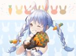  1girl absurdres animal_ears armband blue_hair bouquet bunny_ears carrot carrot_hair_ornament carrying dress flower food_on_hair food_themed_hair_ornament gloves hair_ornament highres hololive multicolored_hair one_eye_closed qingyunmengyi red_eyes ribbon smile thick_eyebrows twintails two-tone_hair usada_pekora virtual_youtuber white_hair 
