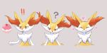  !! ? animal_ear_fluff animal_nose braixen closed_eyes closed_mouth fangs gen_6_pokemon grey_background head_tilt heart highres looking_at_viewer multiple_views open_mouth poke_puff pokemon pokemon_(creature) simple_background smile sukasshu_(mroooo) tongue white_fur yellow_fur 