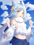  1girl :3 :d absurdres animal_ears azur_lane bare_shoulders bell blue_hair blue_skirt blue_sky breasts cloud covered_nipples cowboy_shot crop_top crop_top_overhang detached_sleeves fubuki_(azur_lane) hair_ornament hands_up highres jingle_bell long_sleeves looking_at_viewer midriff miniskirt navel no_bra open_mouth pleated_skirt ponta_(velmar) scarf shirt short_hair skirt sky small_breasts smile solo white_shirt wide_sleeves yellow_eyes 