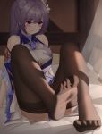  1girl arm_support ass bare_shoulders breasts brown_legwear choker curtains detached_sleeves dress feet frown genshin_impact grey_hair highres indoors keqing legs_up long_hair looking_at_viewer looking_down maemi_(maemi12) medium_breasts no_shoes on_bed pantyhose pantyhose_pull purple_eyes sitting solo thighband_pantyhose toes twintails white_dress 