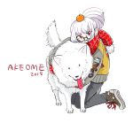  1girl 2018 akeome bangs black_pants brown_footwear dog fluffy glasses gloves happy_new_year highres jacket long_sleeves looking_at_viewer mokeo new_year original pants ponytail red_eyes red_gloves red_scarf scarf shoes sidelocks simple_background solo white_background white_dog white_hair 