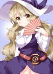  1girl bangs belt blonde_hair blue_dress blue_ribbon buttons closed_mouth collared_shirt dress eyebrows_visible_through_hair fan folding_fan hat hat_ribbon highres holding holding_fan long_hair long_sleeves looking_at_viewer ribbon ruu_(tksymkw) shirt single_strap smile solo standing touhou watatsuki_no_toyohime wavy_hair white_headwear white_shirt yellow_eyes 