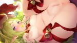  1girl bare_legs bell blush breasts candy censored christmas fire_emblem fire_emblem_awakening food green_hair hat lollipop nowi_(fire_emblem) nude nyc pointy_ears purple_eyes pussy ribbon santa_hat small_breasts solo spread_legs 