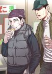  2boys bag beanie black_eyes black_hair black_shirt contemporary decoy00xx drinking facial_hair goatee golden_kamuy hair_strand hanazawa_yusaku hat jacket looking_at_another male_focus multiple_boys ogata_hyakunosuke open_clothes open_jacket scar scar_on_cheek scar_on_face shirt shopping_bag short_hair sleeveless stubble sweatdrop upper_body white_shirt 