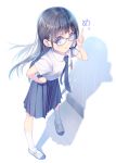  1girl absurdres bad_hand black_hair blue_eyes blue_neckwear blue_skirt glasses hand_on_hip hand_up hatorisougo highres id_card index_finger_raised long_hair looking_at_viewer necktie open_mouth original school_uniform shadow shoes short_sleeves simple_background skirt 