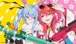  2girls :p ahoge animal_ear_fluff animal_ears assault_rifle bandaid bandaid_on_nose bangs blue_hair braid bunny_ears carrot_hair_ornament commentary_request detached_sleeves don-chan_(usada_pekora) eyebrows_visible_through_hair eyewear_lift eyewear_on_head food_themed_hair_ornament fur-trimmed_gloves fur_trim gloves green_eyes gun h&amp;k_hk416 hair_between_eyes hair_ornament holding holding_gun holding_weapon hololive long_hair looking_at_another medium_hair multiple_girls official_art open_mouth orange_eyes pink_hair portrait ram_(ramlabo) rifle rocket_launcher rpg rpg-7 sakura_miko short_eyebrows sunglasses thick_eyebrows tongue tongue_out trigger_discipline twin_braids usada_pekora virtual_youtuber watermark weapon 