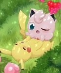  absurd_res berry blue_eyes blush duo female female_on_top female_penetrated food fruit genitals grass hi_res jigglypuff male male/female male_on_bottom male_penetrating male_penetrating_female nintendo on_bottom on_top one_eye_closed open_mouth penetration penis pikachu plant pok&eacute;mon pok&eacute;mon_(species) sake_kemosalmon sex tongue vaginal vaginal_penetration video_games 