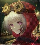  1girl bangs blood blood_on_face bloody_tears character_request closed_mouth commentary_request dated face from_side grey_hair highres hood hood_up hoodie identity_v looking_at_viewer pink_eyes plaid_hoodie portrait qgailz red_hoodie repost_notice short_hair smile solo 