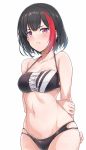  1girl arms_behind_back bang_dream! bangs bikini black_bikini blush closed_mouth cowboy_shot from_below highres looking_at_viewer mitake_ran multicolored multicolored_bikini multicolored_clothes multicolored_hair pout purple_eyes short_hair simple_background solo standing streaked_hair suisen_toire_(moko924) swimsuit white_background 