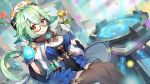  1girl ayamy black_legwear breasts dutch_angle flask flower garter_straps gat genshin_impact glasses gloves green_hair long_hair sitting smile solo sucrose_(genshin_impact) thighhighs white_gloves yellow_eyes 